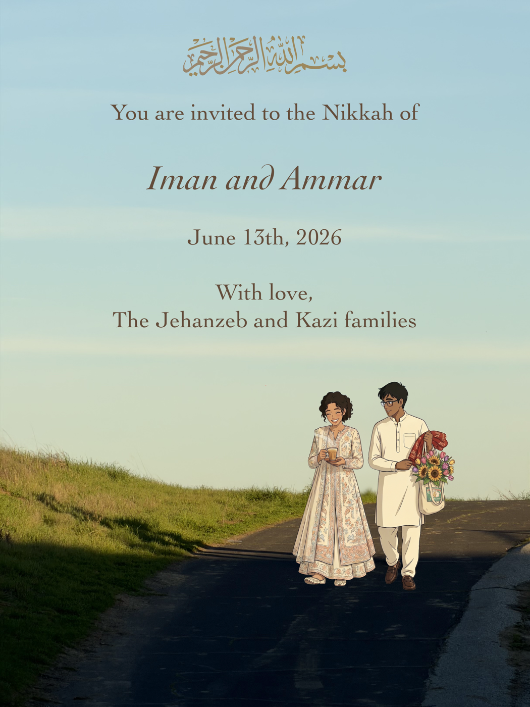 Illustration of Iman and Ammar walking together at sunset, holding tea and flowers